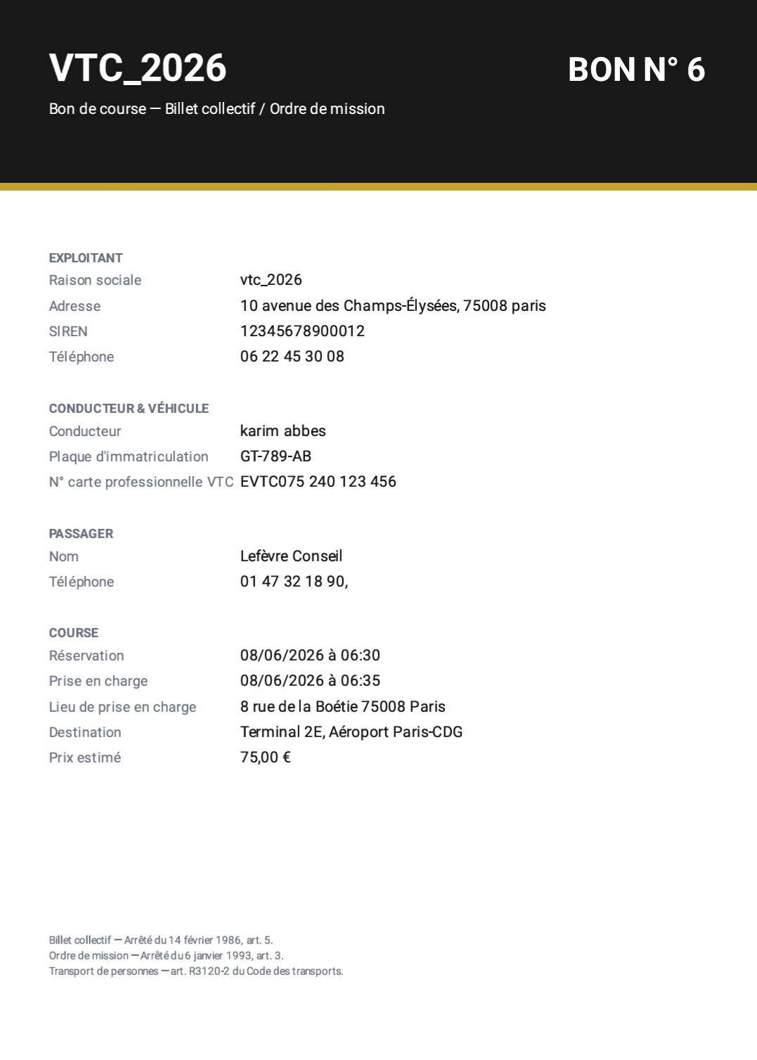Bon de course PDF avec mentions légales